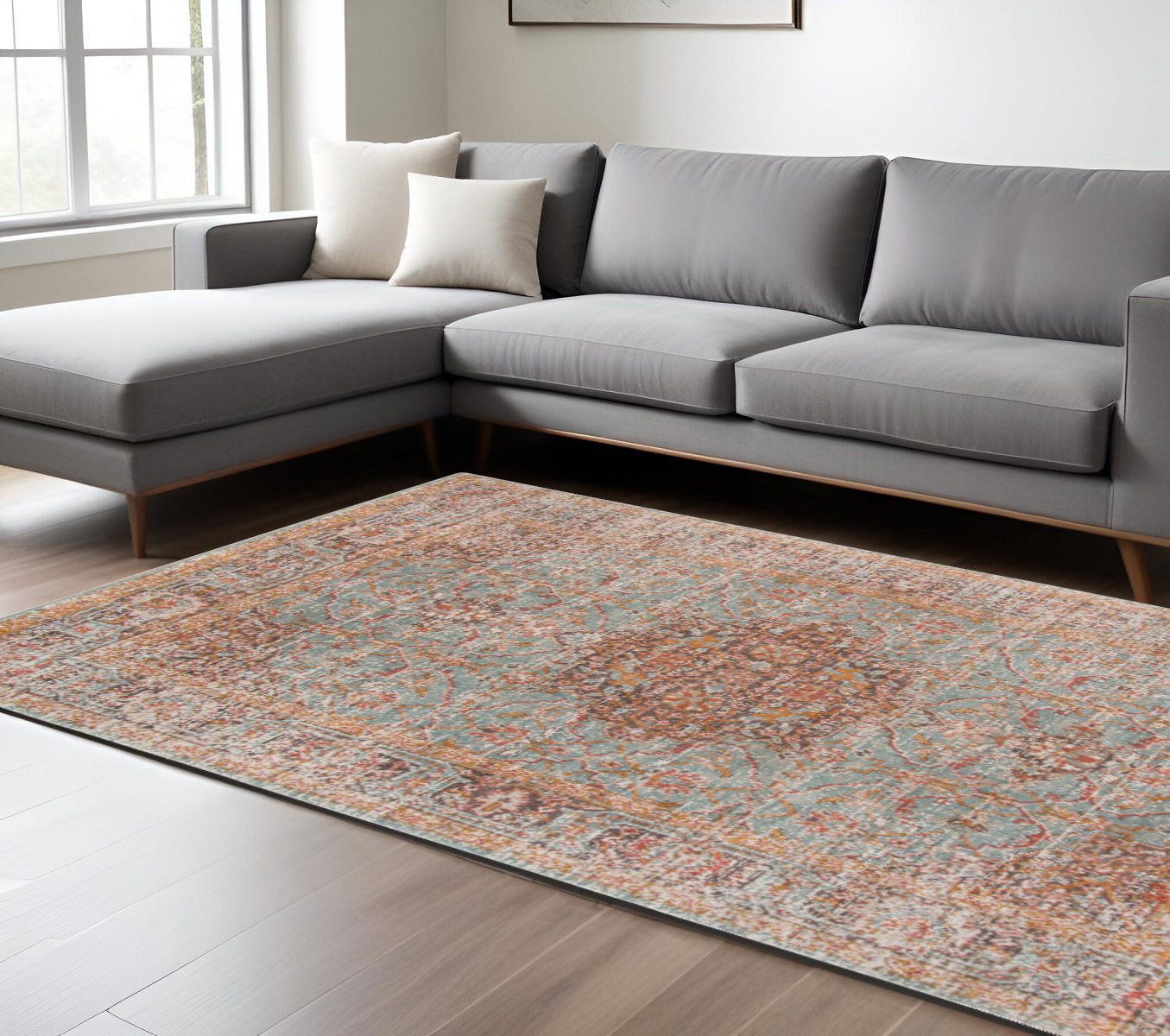 7' X 9' Teal Red And Orange Medallion Area Rug-532132-1
