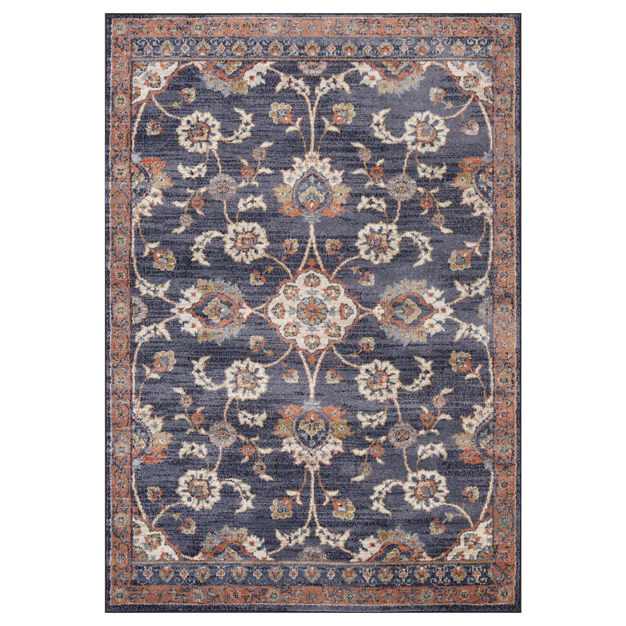 5' x 7' Navy Blue Floral Power Loom Area Rug With Fringe-532155-1