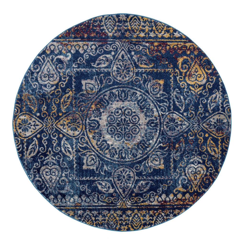 6' Blue and Yellow Round Southwestern Power Loom Area Rug-532230-1