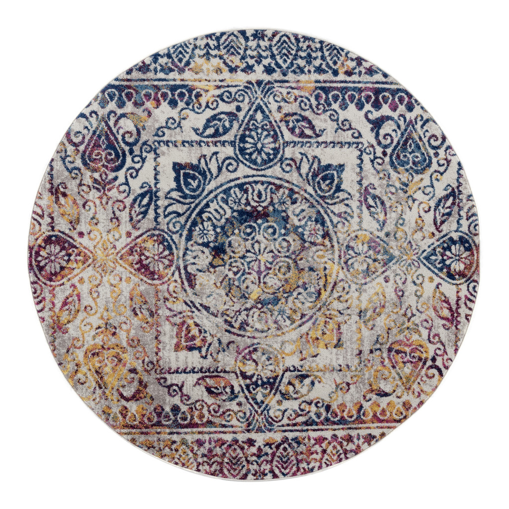 6' Blue and Yellow Round Southwestern Power Loom Area Rug-532237-1