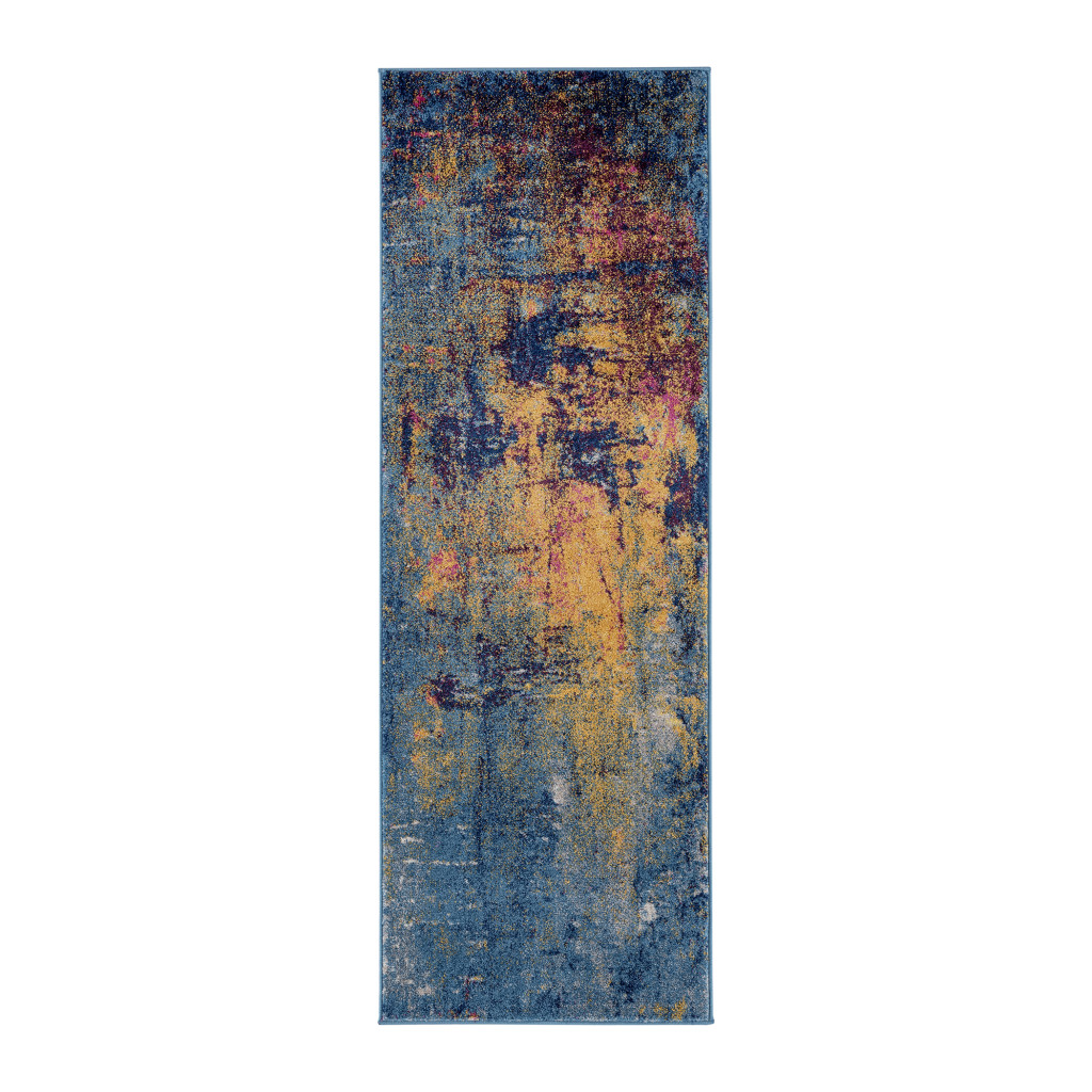 7' Blue and Orange Abstract Power Loom Runner Rug-532270-1