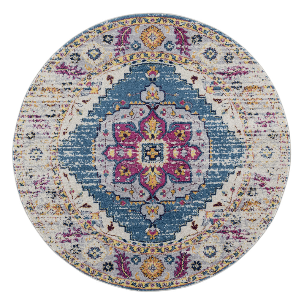 6' Blue and Pink Round Medallion Power Loom Area Rug-532286-1
