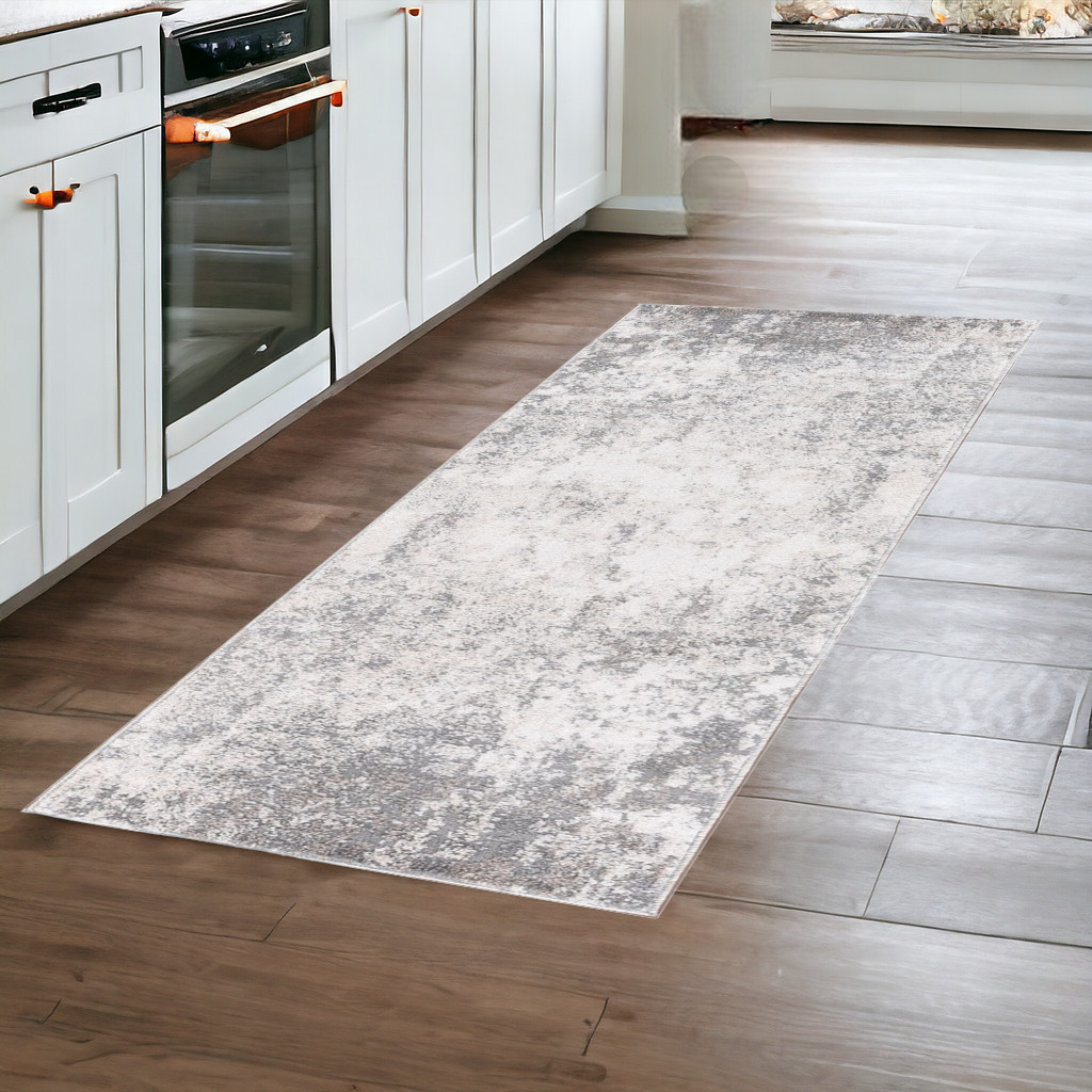 8' Gray and Beige Abstract Power Loom Runner Rug-532358-1