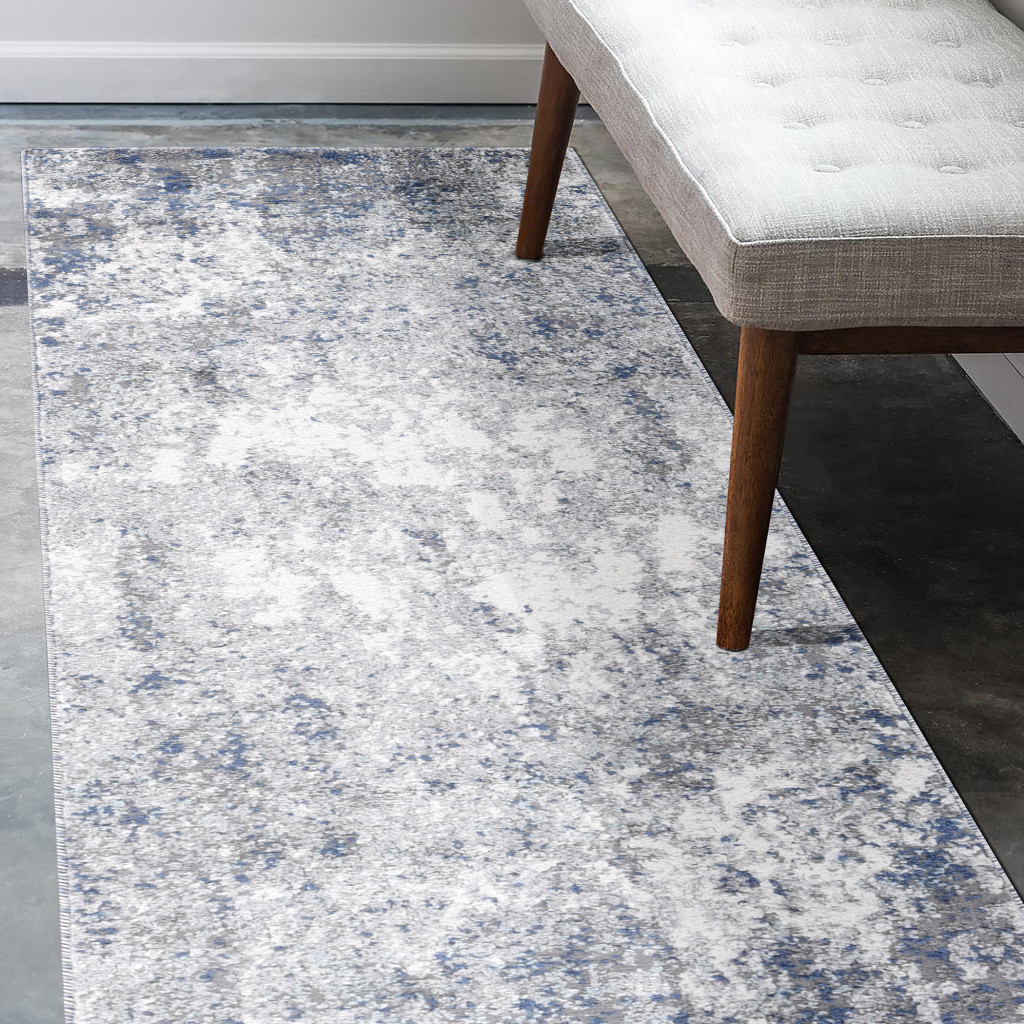 8" Gray and Light Blue Abstract Power Loom Runner Rug