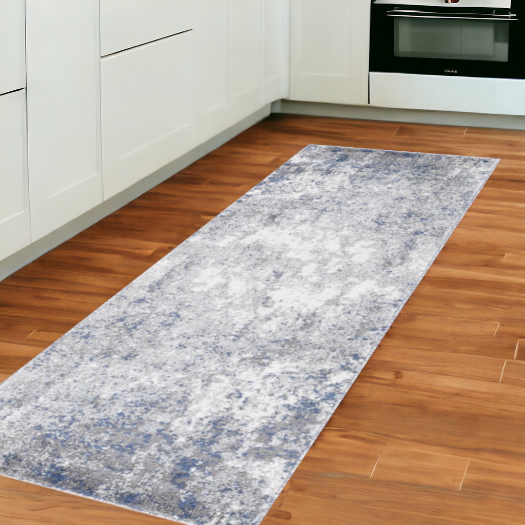 8" Gray and Light Blue Abstract Power Loom Runner Rug