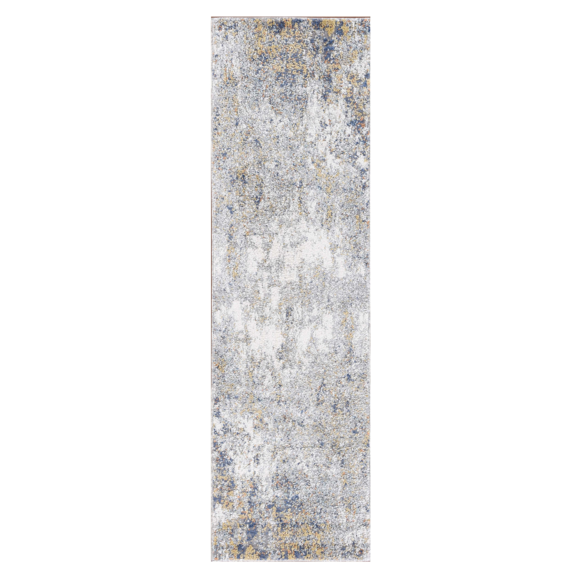 8" Ivory Blue and Yellow Abstract Power Loom Runner Rug