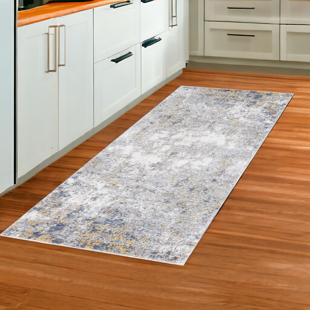 8" Ivory Blue and Yellow Abstract Power Loom Runner Rug