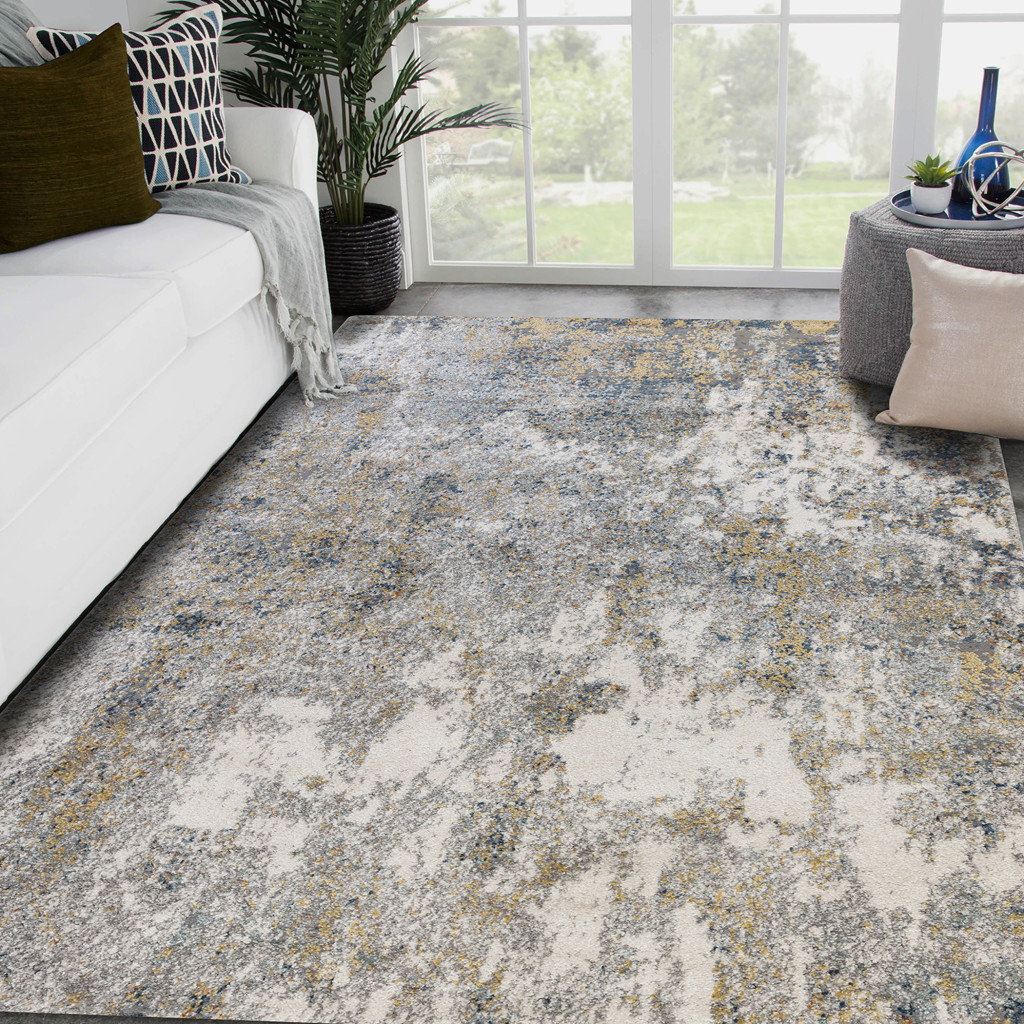 5" X 8" Ivory Blue and Yellow Abstract Power Loom Area Rug