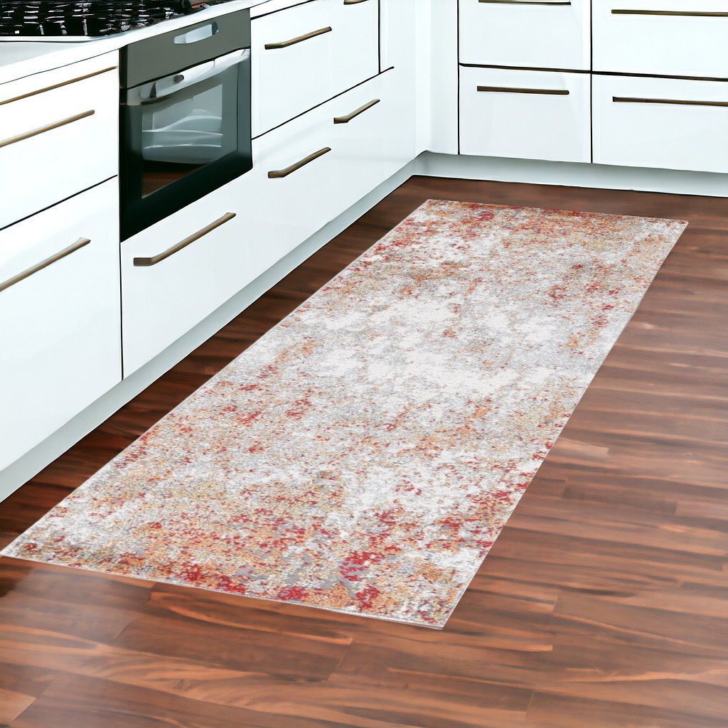 8" Ivory Red and Cream Abstract Power Loom Runner Rug