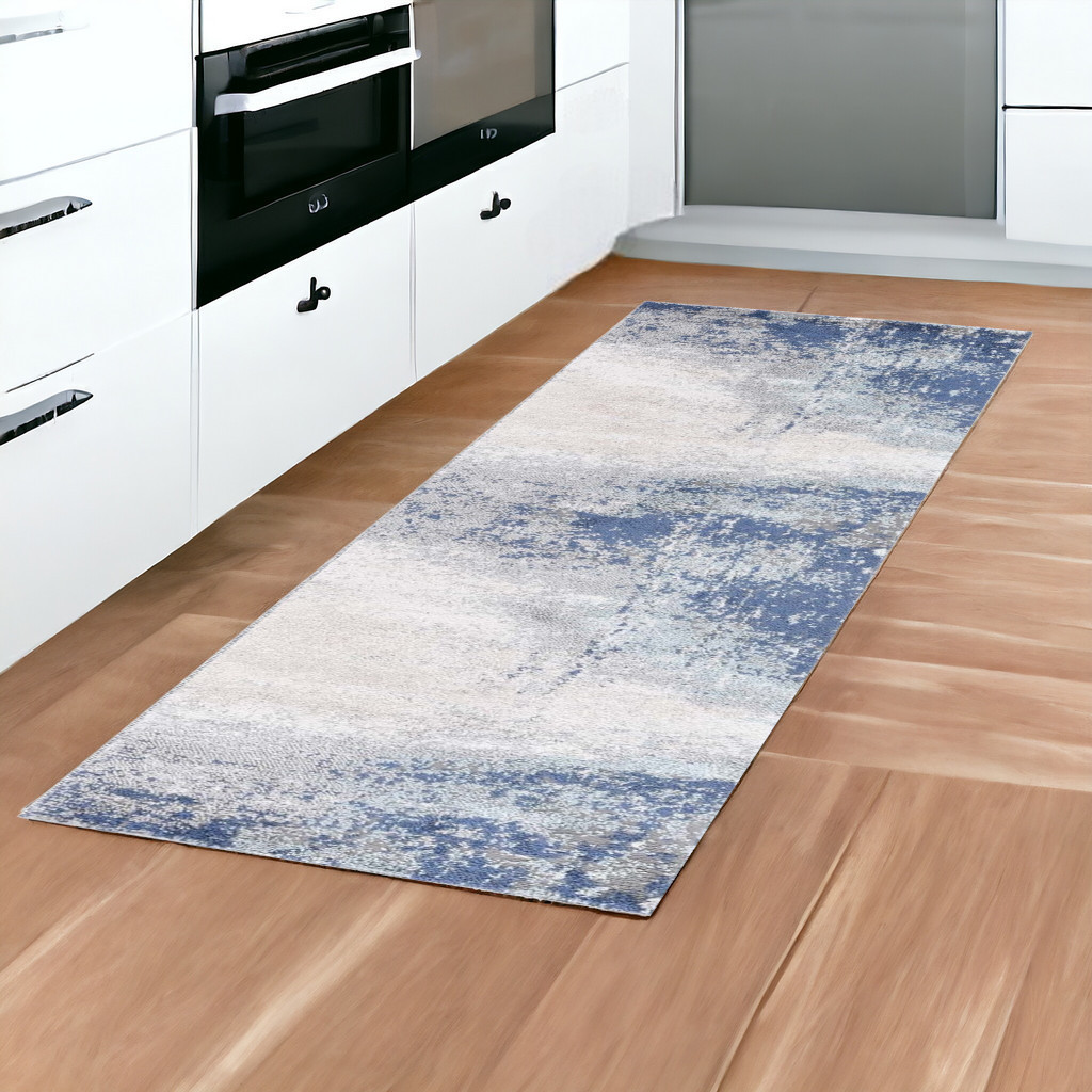 8' Blue and Gray Abstract Power Loom Runner Rug-532382-1