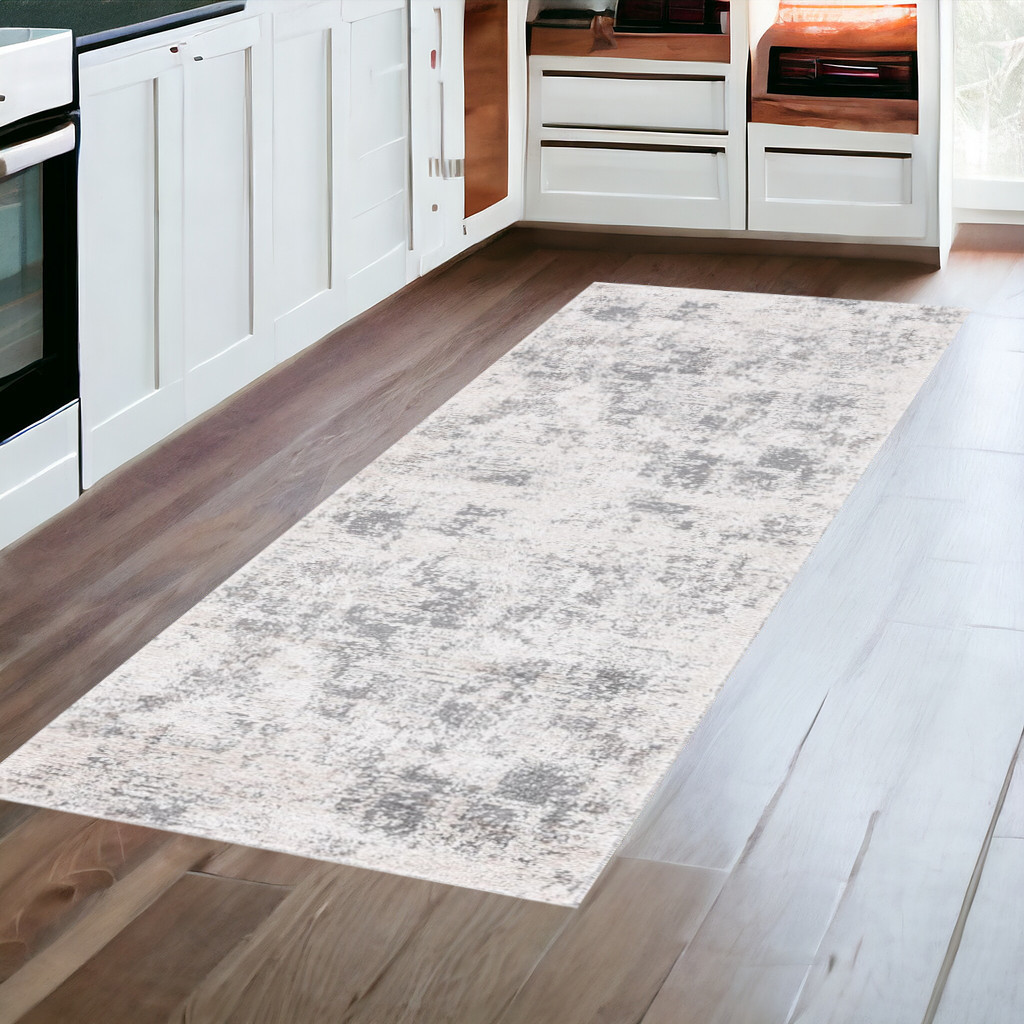 8' Gray and Beige Abstract Power Loom Runner Rug-532388-1