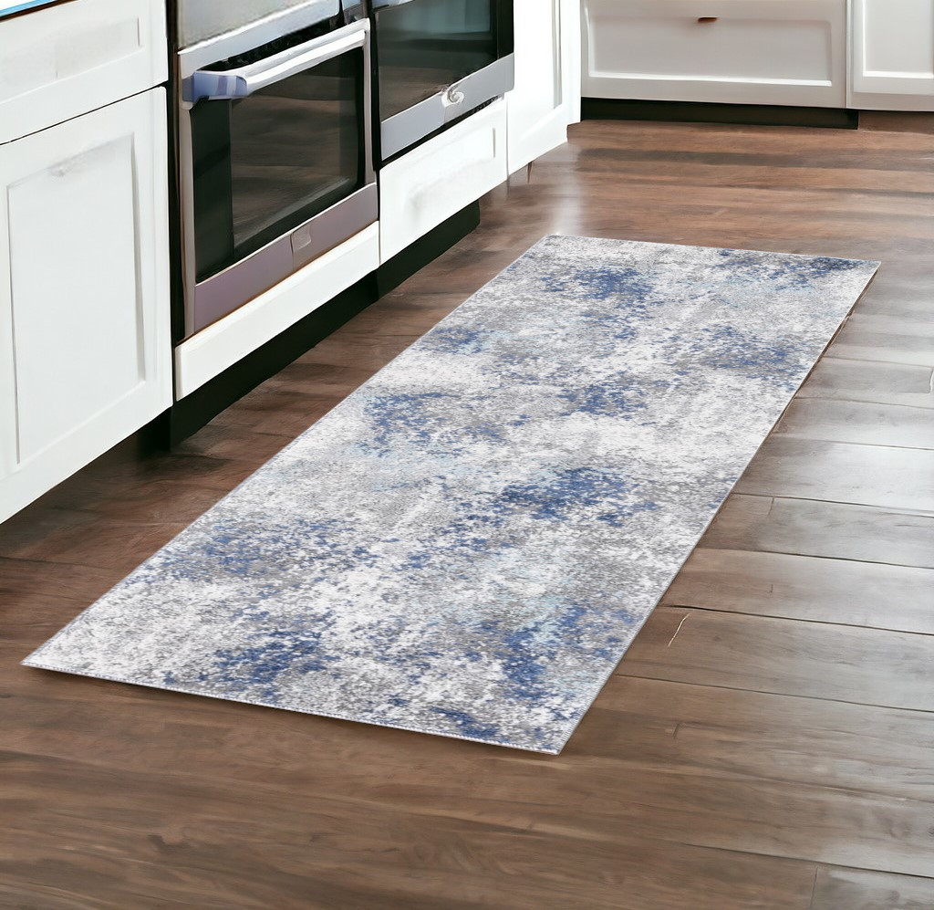 8' Gray and Blue Abstract Power Loom Runner Rug-532394-1