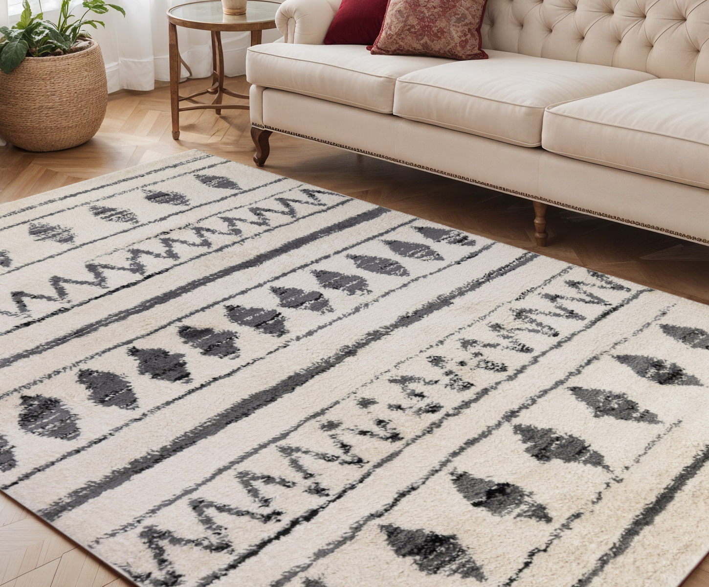 5' X 8' Black and Off White Geometric Shag Area Rug-532409-1