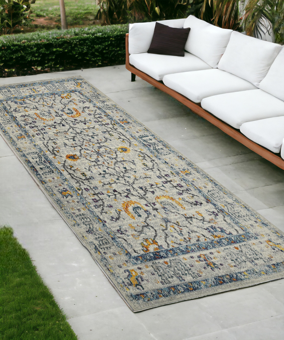 8' Runner Yellow and Ivory Oriental Stain Resistant Indoor Outdoor Runner Rug-532595-1