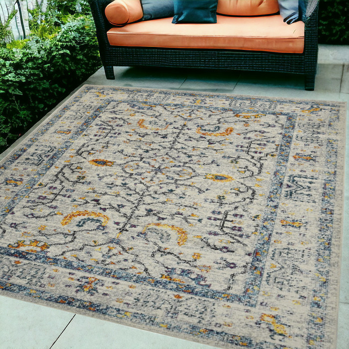 5' x 7' Yellow and Ivory Southwestern Stain Resistant Indoor Outdoor Area Rug-532597-1