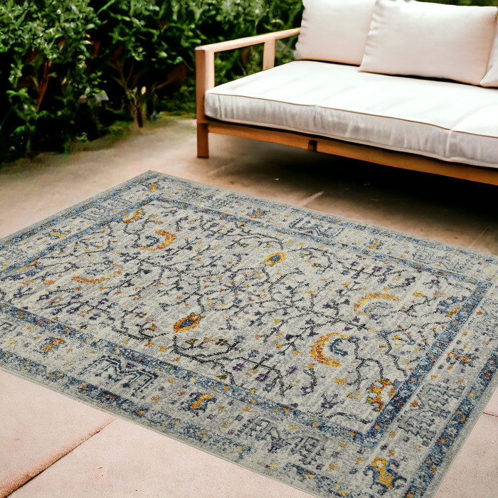 8' x 11' Yellow and Ivory Southwestern Stain Resistant Indoor Outdoor Area Rug-532598-1