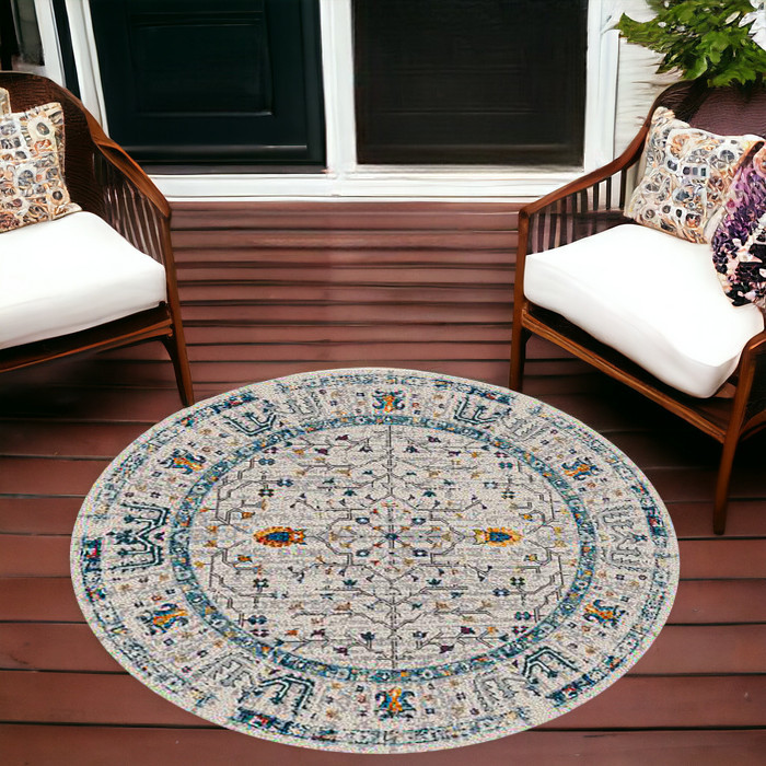 7' Round Yellow and Ivory Round Southwestern Stain Resistant Indoor Outdoor Area Rug-532599-1