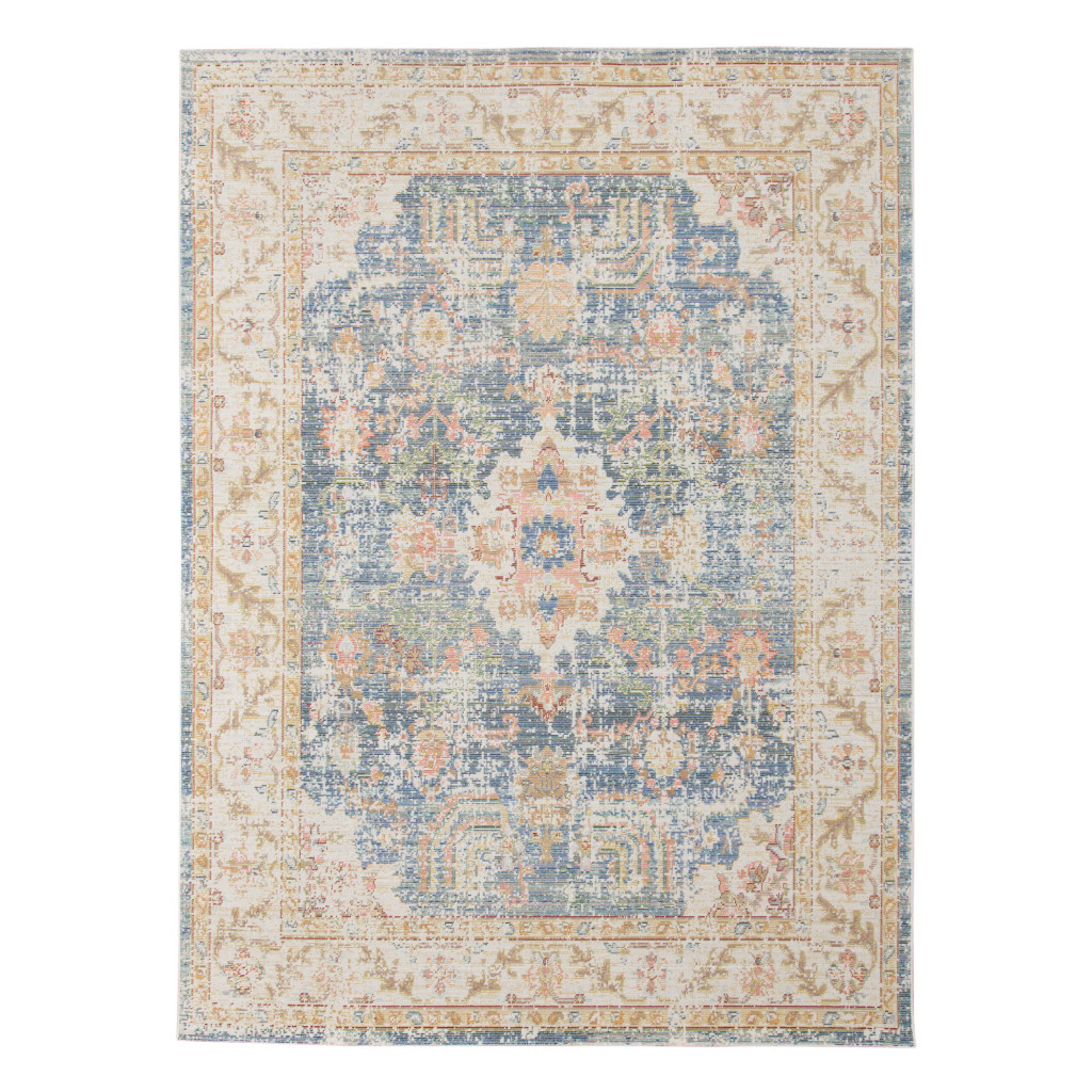 2" X 3" Coral and Blue Oriental Power Loom Worn Faded Area Rug