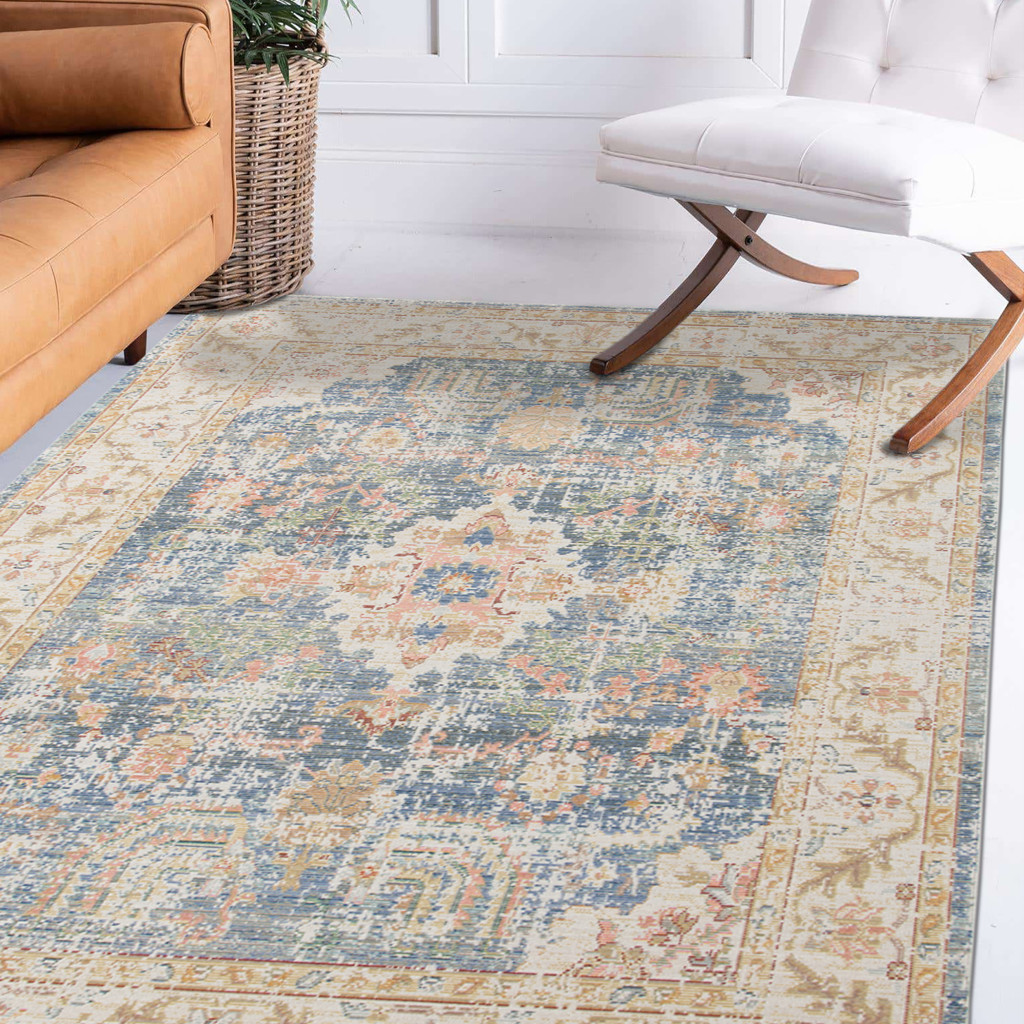 2" X 3" Coral and Blue Oriental Power Loom Worn Faded Area Rug
