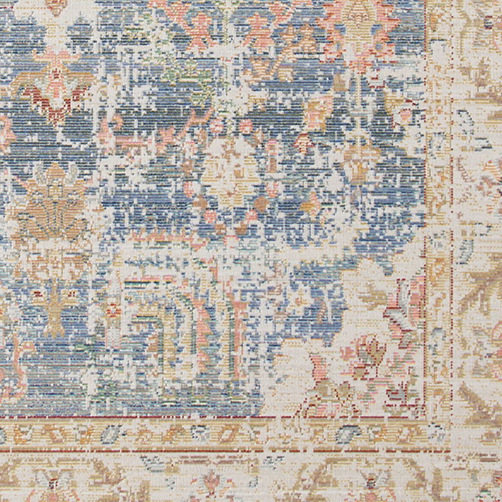 2" X 3" Coral and Blue Oriental Power Loom Worn Faded Area Rug