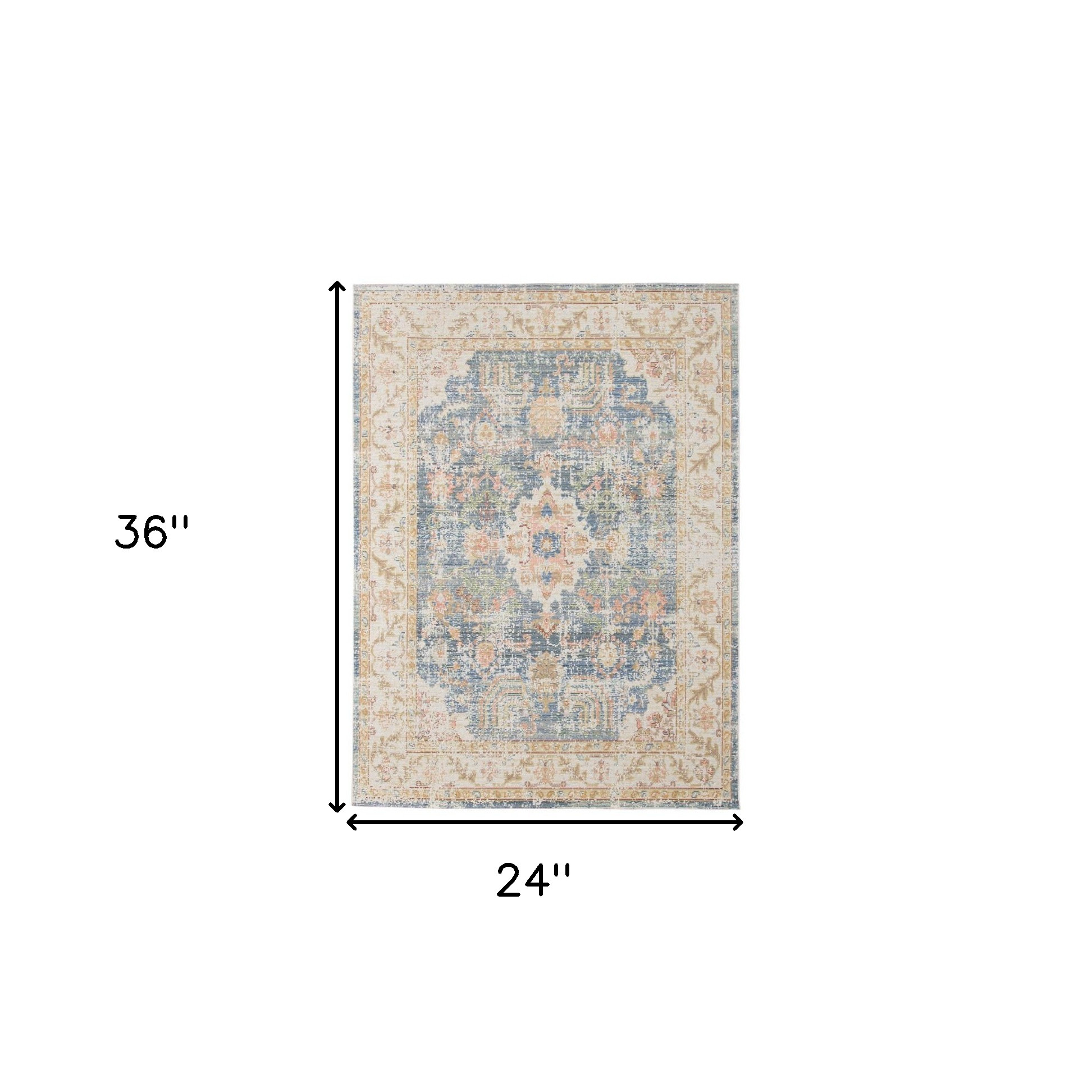 2" X 3" Coral and Blue Oriental Power Loom Worn Faded Area Rug