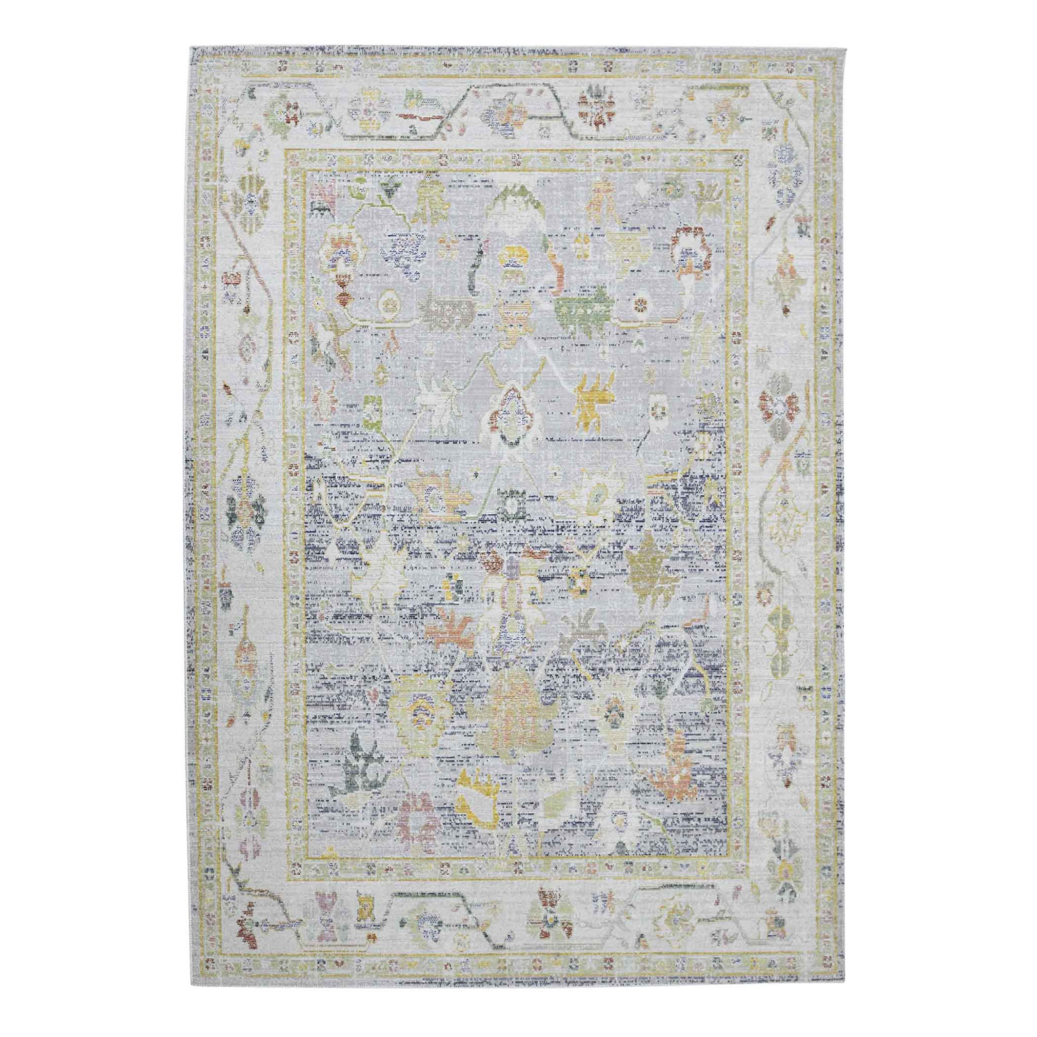 2" X 3" Ivory Blue and Orange Oriental Power Loom Worn Faded Area Rug