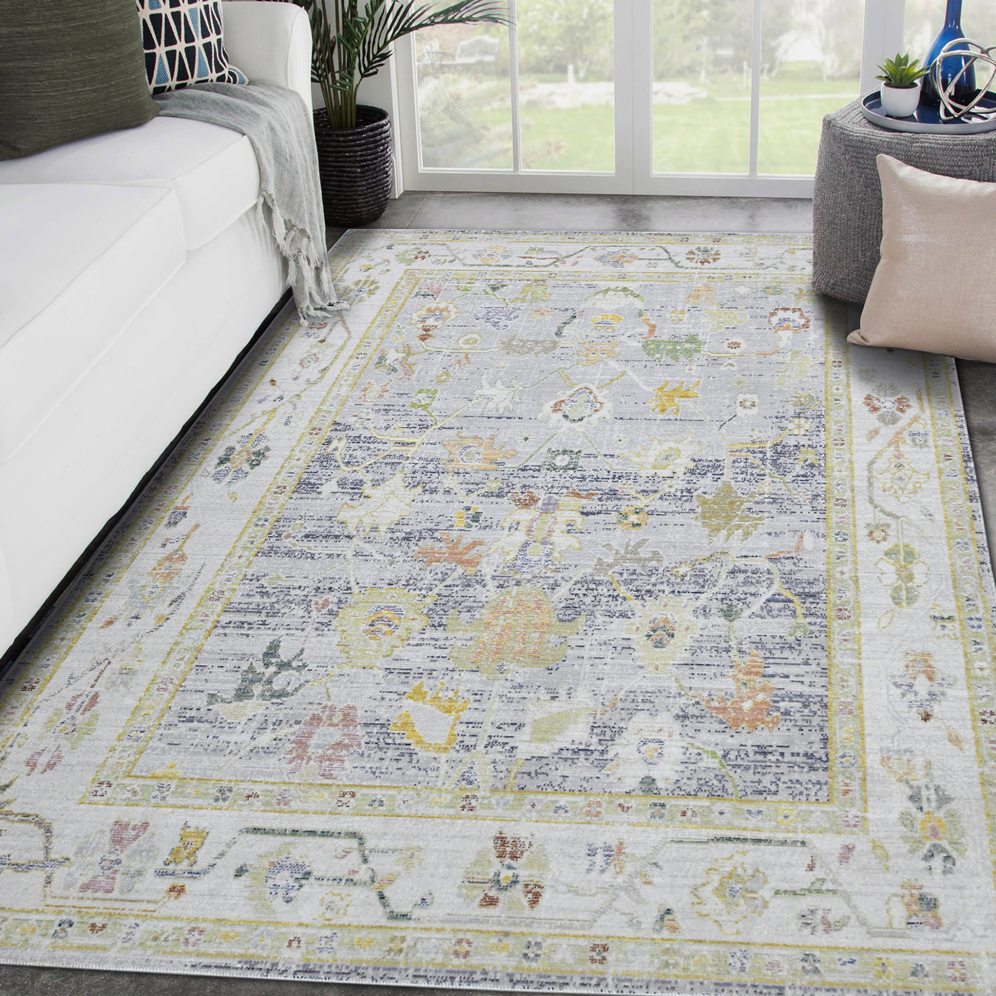 2" X 3" Ivory Blue and Orange Oriental Power Loom Worn Faded Area Rug