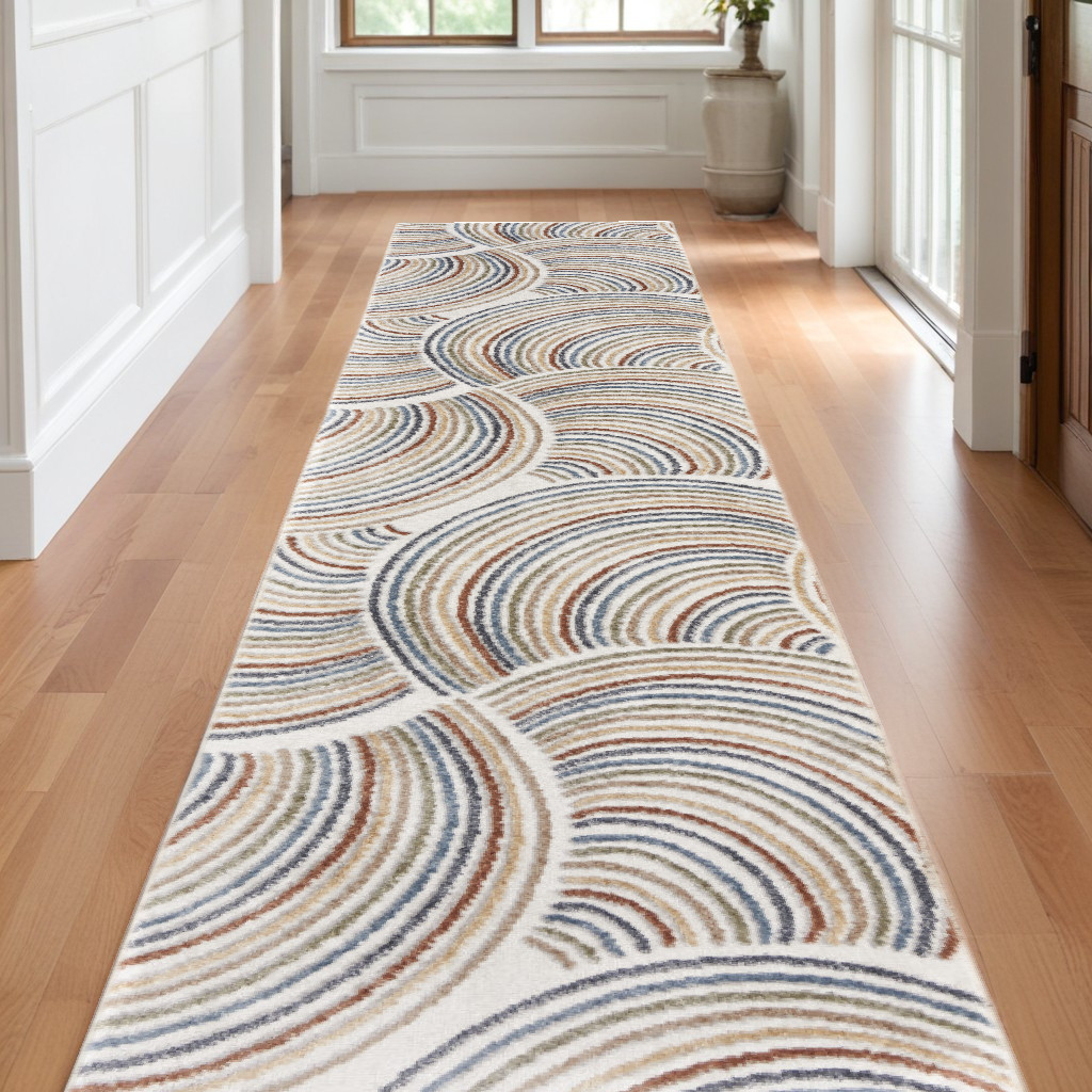 10" Runner Blue and Ivory Abstract Power Loom Washable Runner Rug