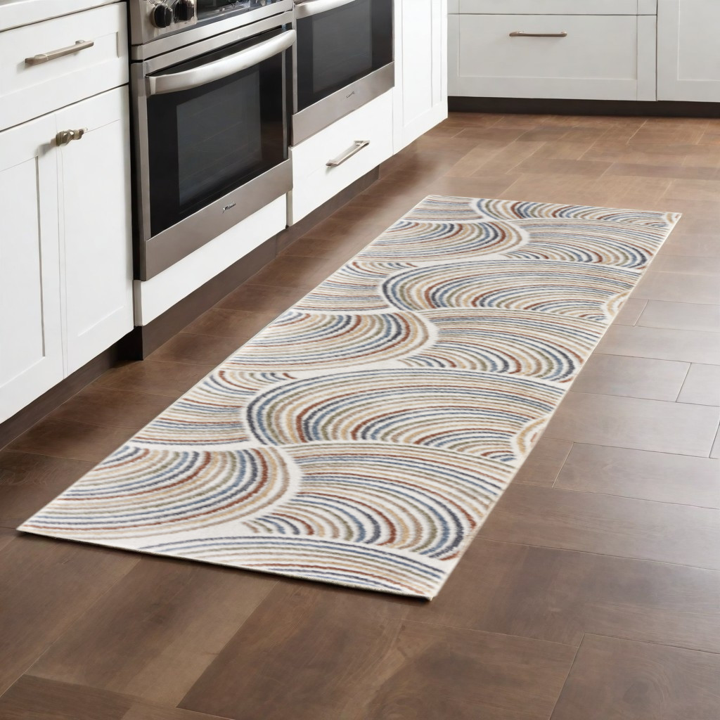 8" Runner Blue and Ivory Abstract Power Loom Washable Runner Rug