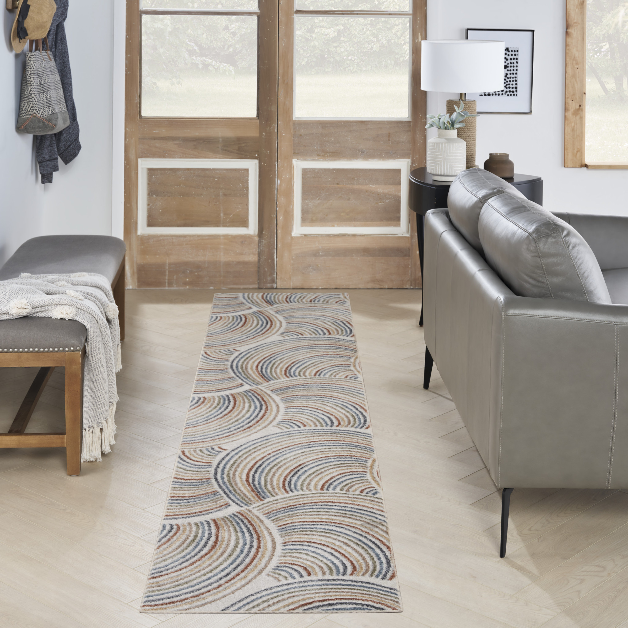 8" Runner Blue and Ivory Abstract Power Loom Washable Runner Rug