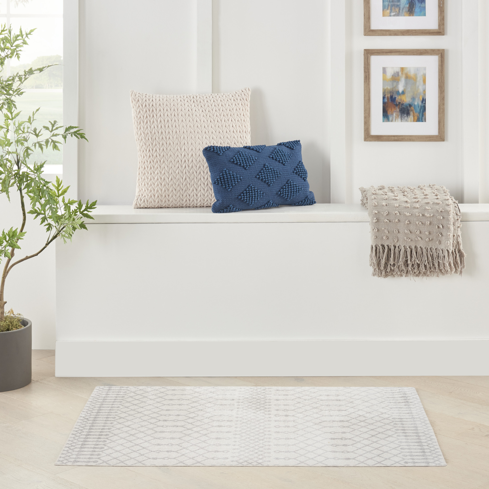 8" X 10" Blue and Ivory Abstract Power Loom Washable Area Rug
