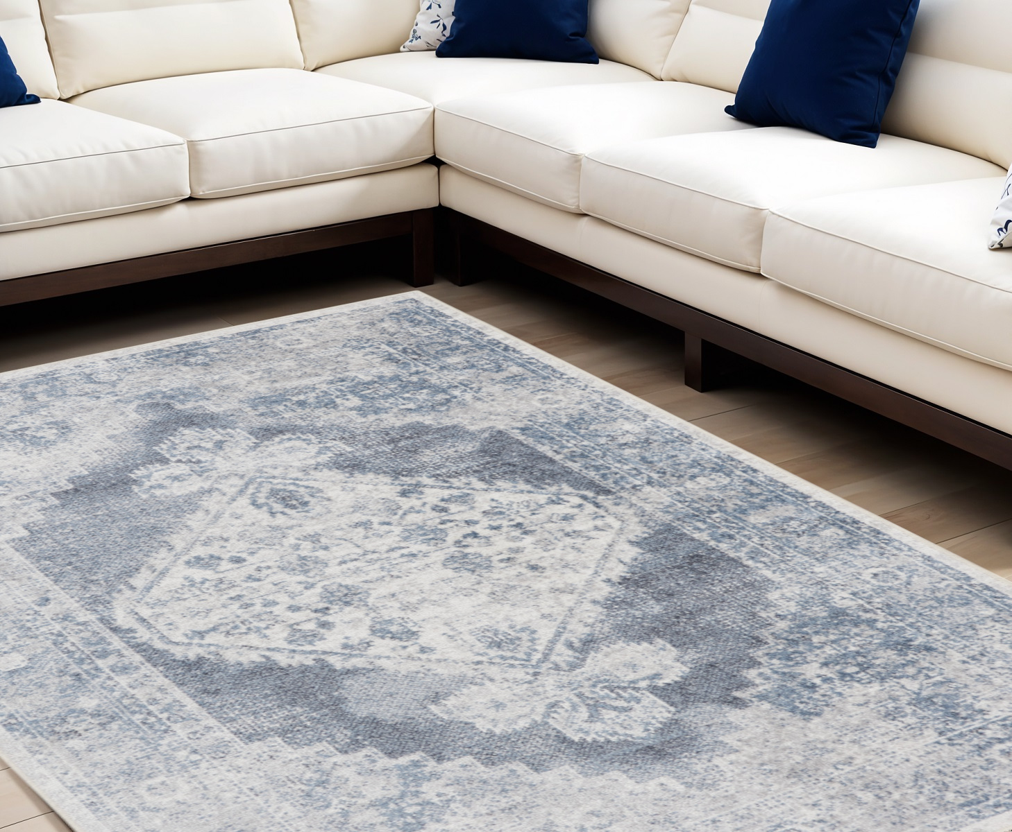8" X 10" Blue and Ivory Abstract Power Loom Washable Area Rug