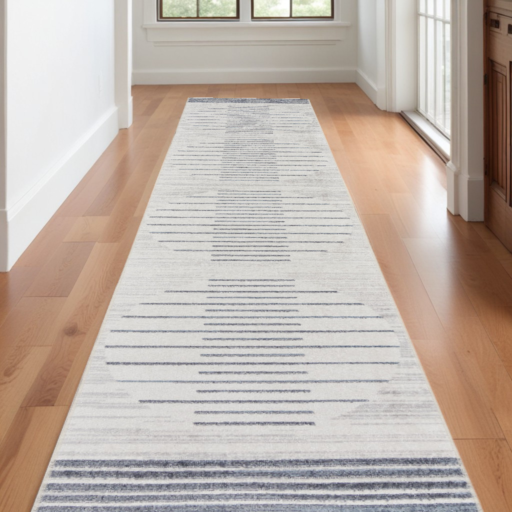 12" Runner Blue and Ivory Geometric Power Loom Washable Runner Rug