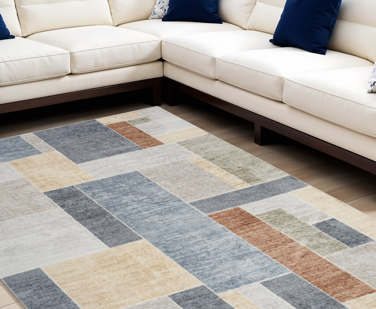 7" X 9" Blue and Green Geometric Power Loom Washable Area Rug