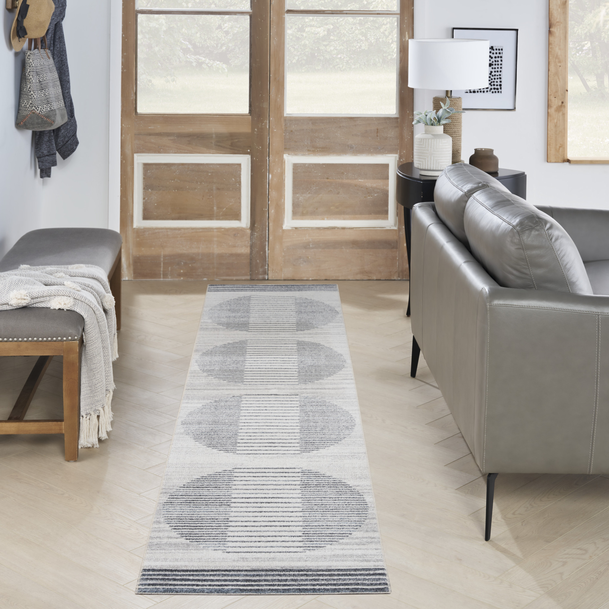 8" Runner Blue and Ivory Geometric Power Loom Washable Runner Rug