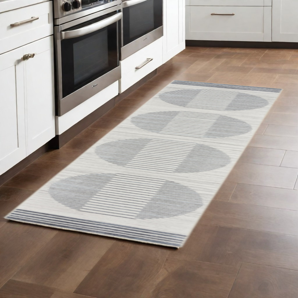 8" Runner Blue and Ivory Geometric Power Loom Washable Runner Rug