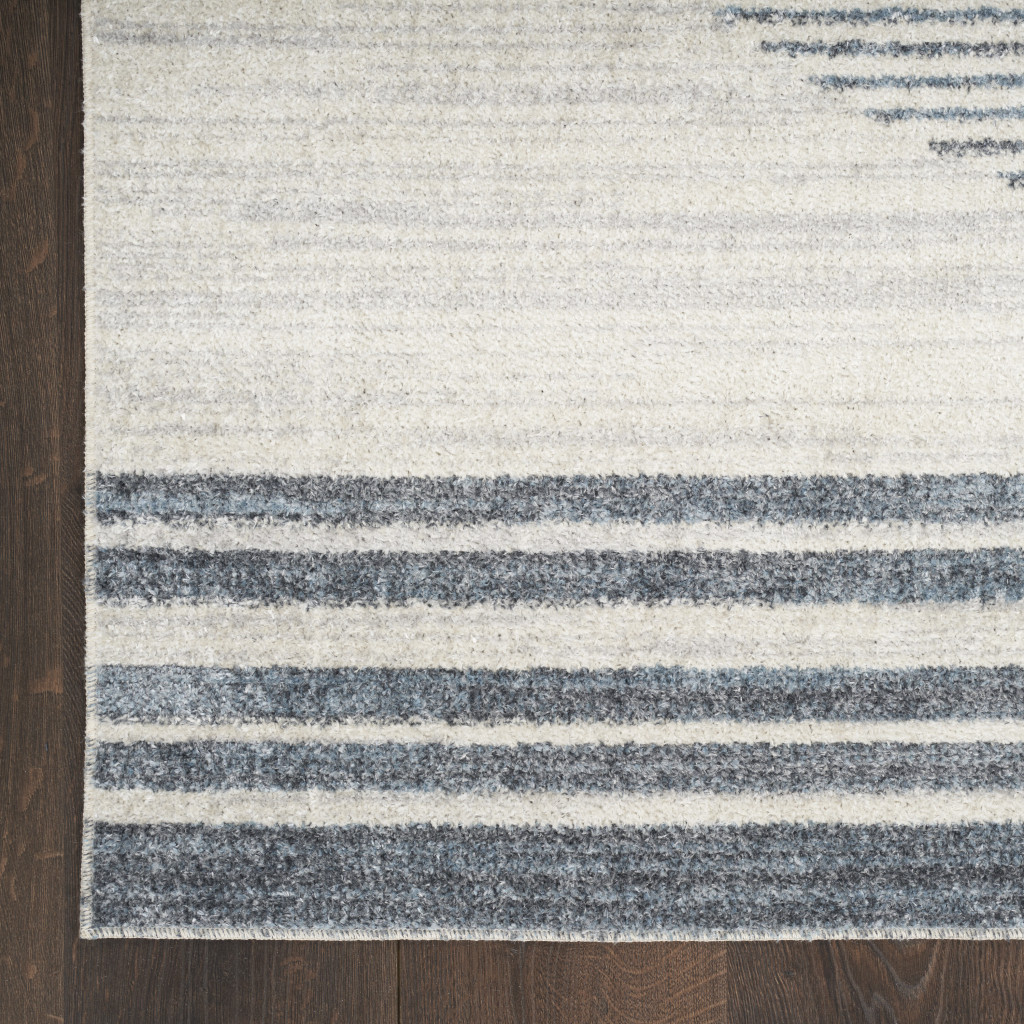 8" Runner Blue and Ivory Geometric Power Loom Washable Runner Rug
