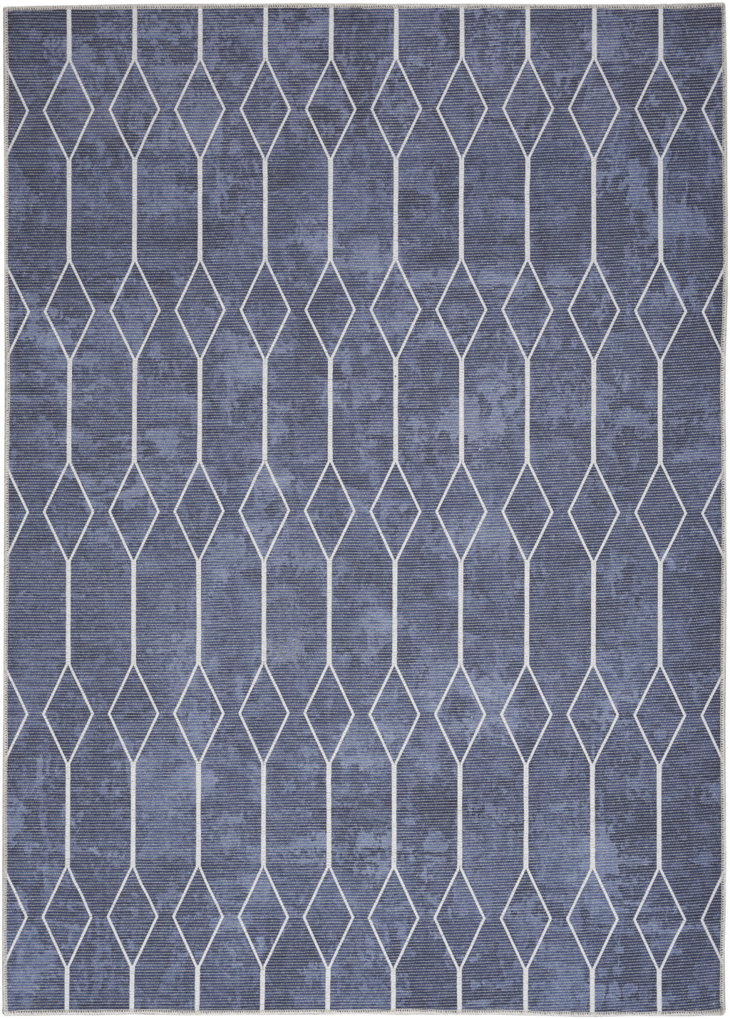 5 x 7 Blue and Ivory geometric Power Loom Washable Area Rug