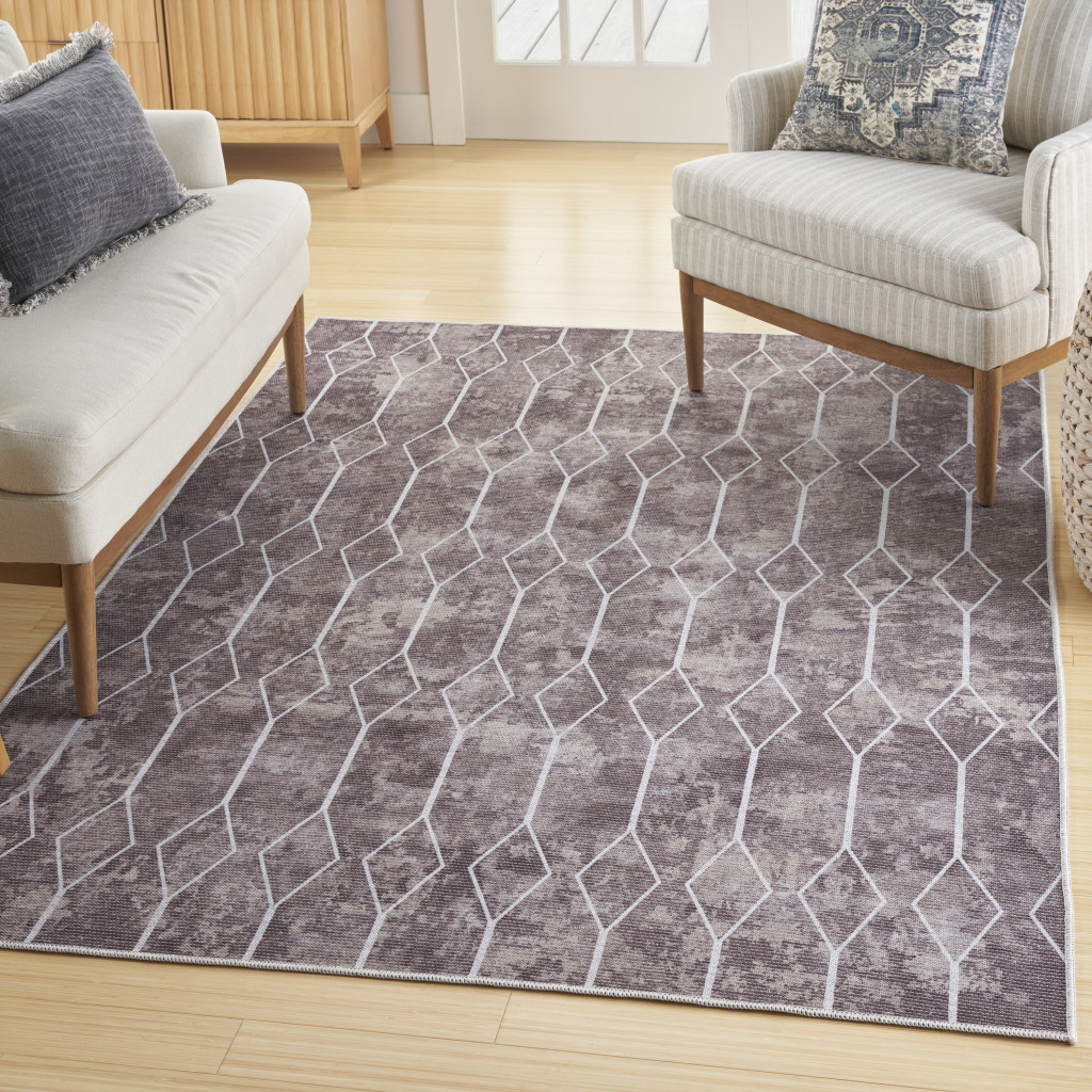 8" X 10" Brown and Ivory Geometric Power Loom Washable Area Rug
