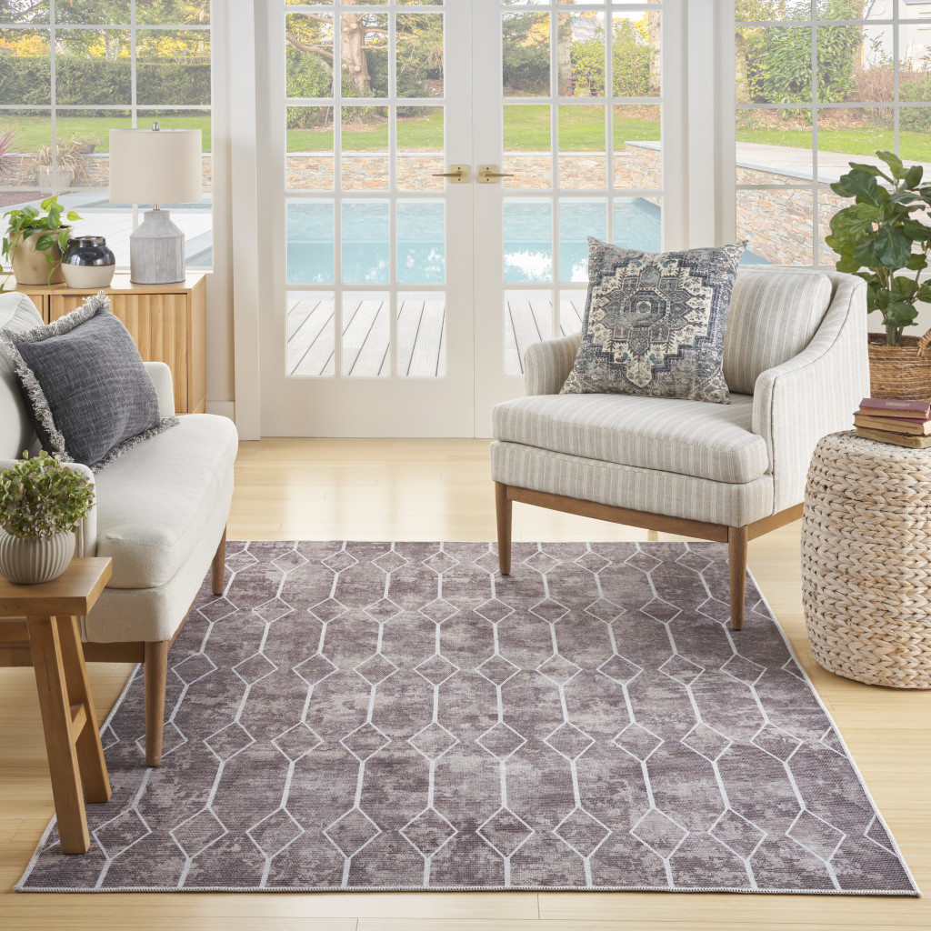 8" X 10" Brown and Ivory Geometric Power Loom Washable Area Rug