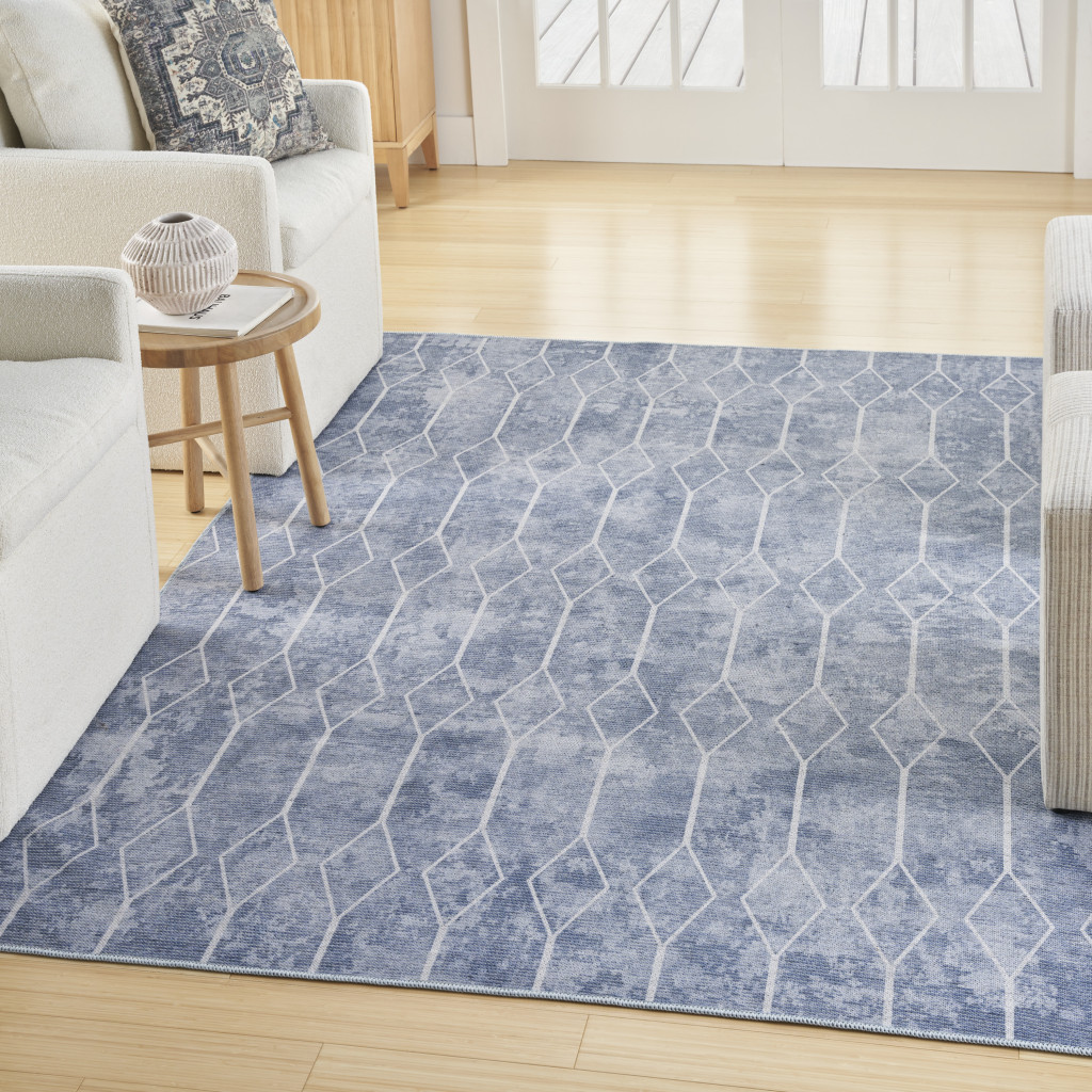 8" X 10" Blue and Off White Geometric Power Loom Washable Area Rug
