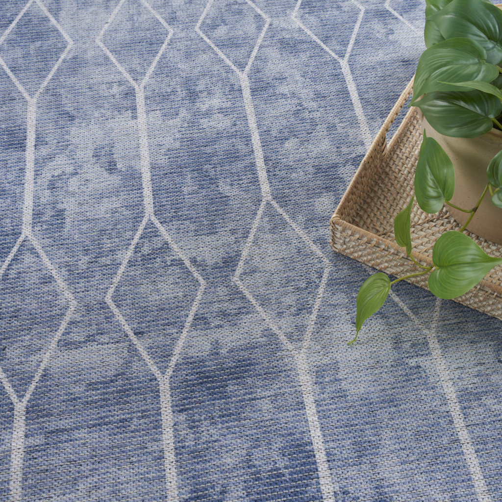 8" X 10" Blue and Off White Geometric Power Loom Washable Area Rug