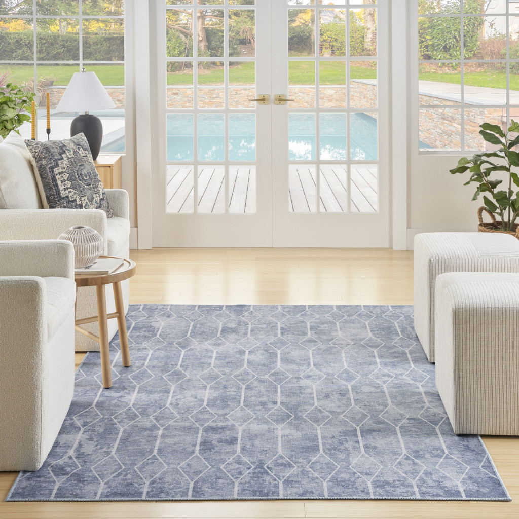 8" X 10" Blue and Off White Geometric Power Loom Washable Area Rug