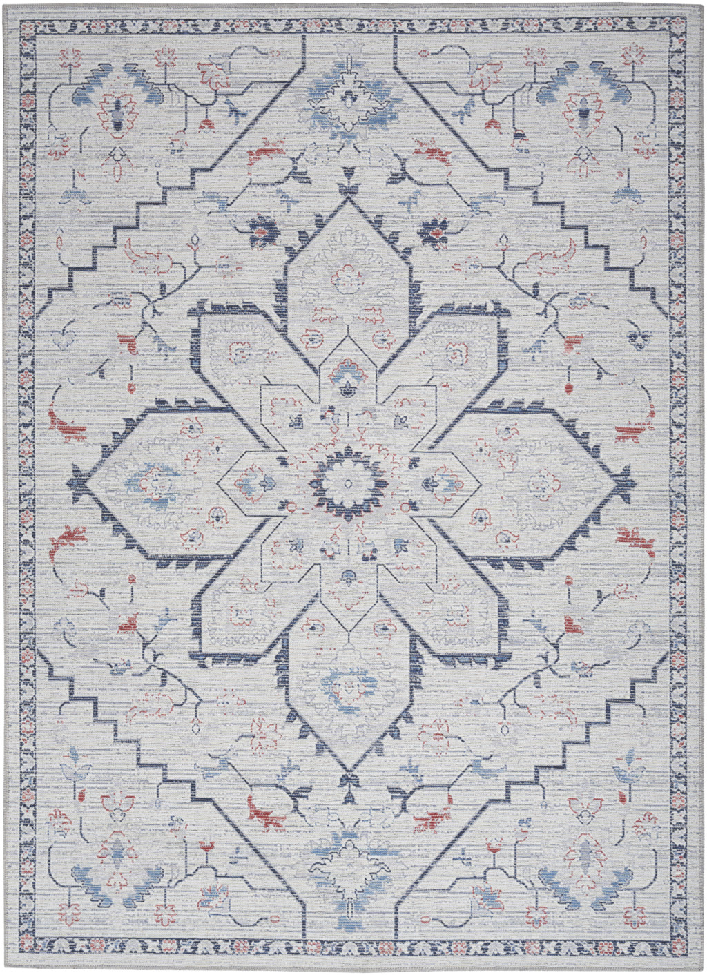 5" X 7" Ivory and Blue Oriental Power Loom Washable Area Rug