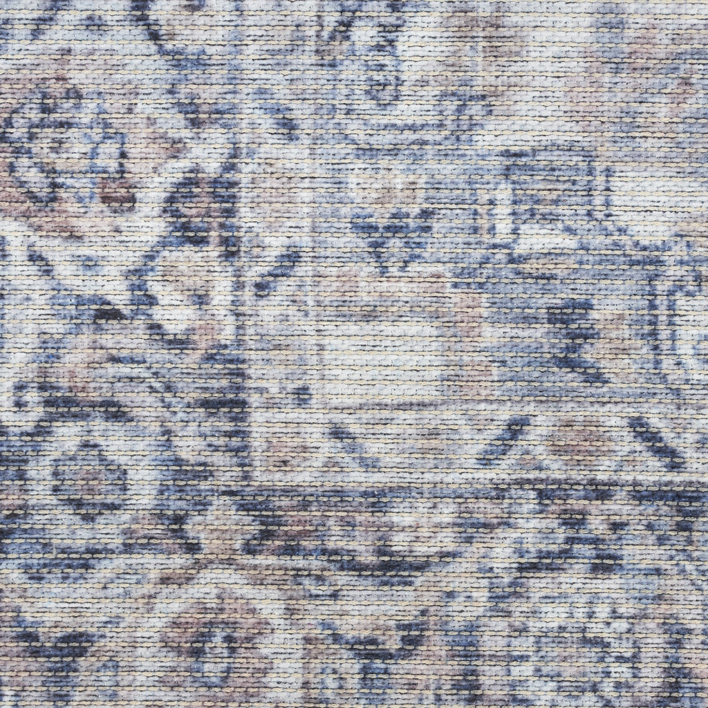 8 Blue and Ivory Floral Power Loom Distressed Washable Runner Rug