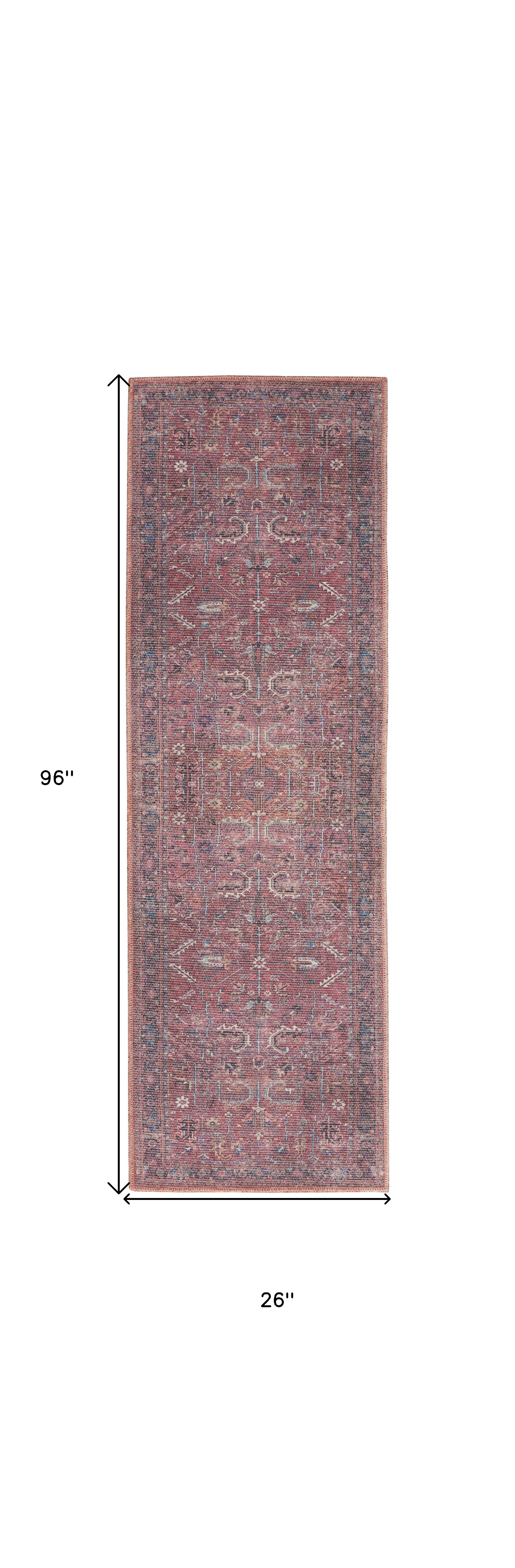 8" Blue and Red Floral Power Loom Distressed Washable Runner Rug