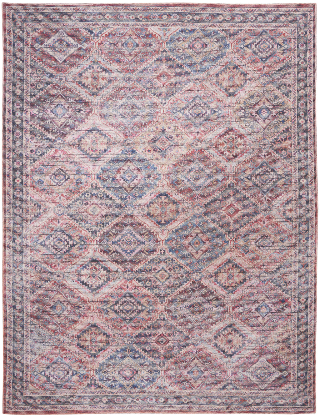 8" X 10" Blue and Red Floral Power Loom Distressed Washable Area Rug