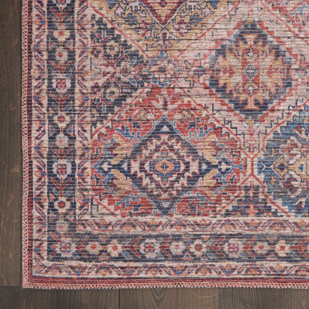 8" X 10" Blue and Red Floral Power Loom Distressed Washable Area Rug