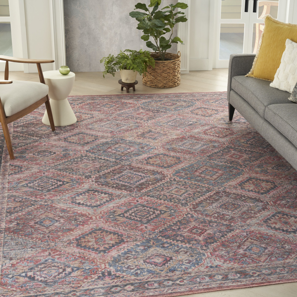 8" X 10" Blue and Red Floral Power Loom Distressed Washable Area Rug