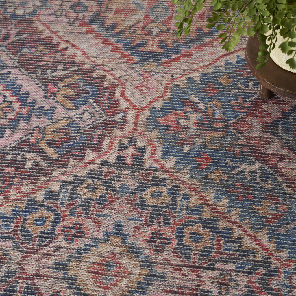 8" X 10" Blue and Red Floral Power Loom Distressed Washable Area Rug